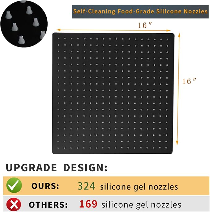 16 In Rain Shower Head High Pressure Rainfall Shower Head Matte Black | Square Rain Bathroom Showerhead, High Flow, Large Stainless Steel, Ceiling Mounted, Wall Mounted, Waterfall Full Body