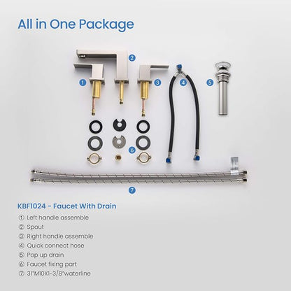 2-Handle Cube Bathroom Sink Faucet with Drain Assembly | 3-Hole Installation, Solid Brass Construction | 8-Inch Widespread Lavatory Faucet | Brushed Nickel, KBF1024