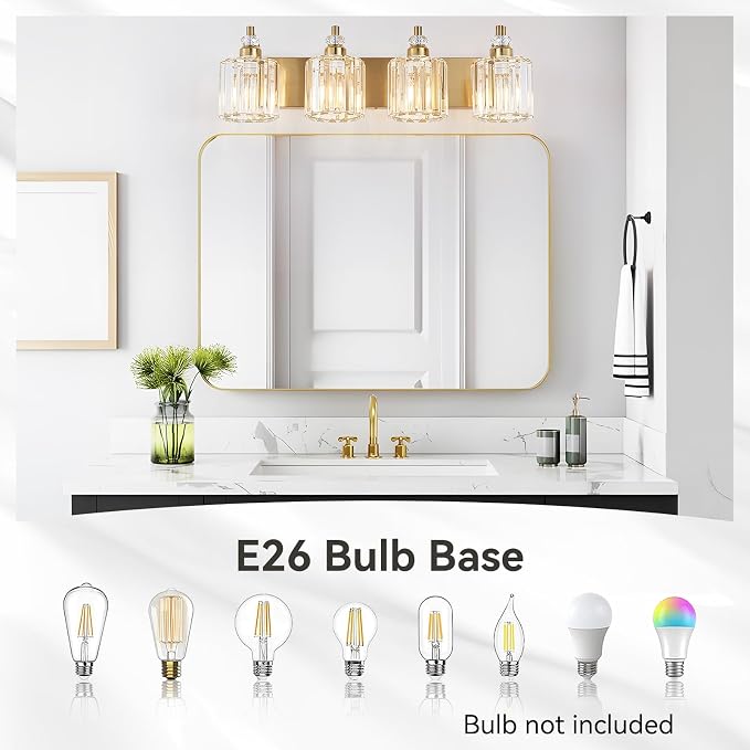 4-Light Modern Vanity Lights Brushed Brass Bathroom Light Fixtures Over Mirror Gold Bathroom Vanity Lighting with Crystal Shade E26 Base Wall Sconce for Bedroom Living Room Restroom Wall Lamp