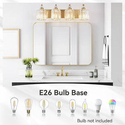 4-Light Modern Vanity Lights Brushed Brass Bathroom Light Fixtures Over Mirror Gold Bathroom Vanity Lighting with Crystal Shade E26 Base Wall Sconce for Bedroom Living Room Restroom Wall Lamp