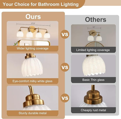 maesta Gold Broom Light Fixture,4 Light Vintage Vanity Light Over Mirror | Vintage Vanity Light, Brushed Gold Metal & Milk White Glass Shades, Anti-Rust, Easy to Install for Bathroom Hallway Bedroom