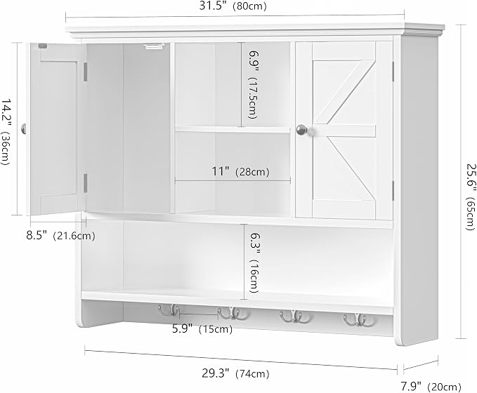Bathroom Wall Cabinet with Doors and Hooks, 3-Tier Wall Mounted Cabinet | Farmhouse Medicine Cabinet with 3 Open Shelves, Over the Toilet Storage Cabinet for Kitchen, Laundry Room, Living Room, White