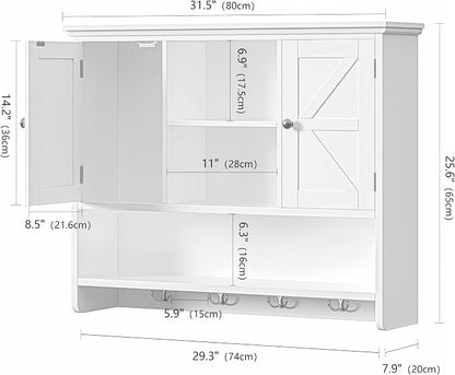 Bathroom Wall Cabinet with Doors and Hooks, 3-Tier Wall Mounted Cabinet | Farmhouse Medicine Cabinet with 3 Open Shelves, Over the Toilet Storage Cabinet for Kitchen, Laundry Room, Living Room, White