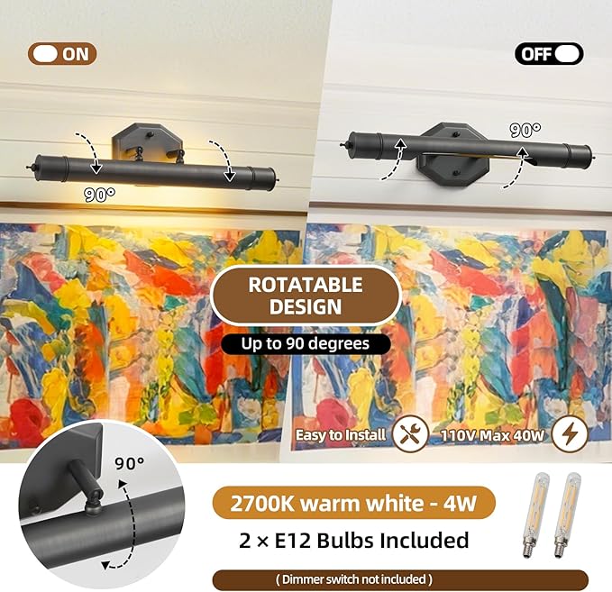 Black Vintage Picture Light Hardwired - Art Deco Lights Over Mirror Portrait Pictures Frame - Wall Sconces Lighting Fixtures for Museum Bathroom Vanity Gallery Artwork Library Cuadros Painting Above