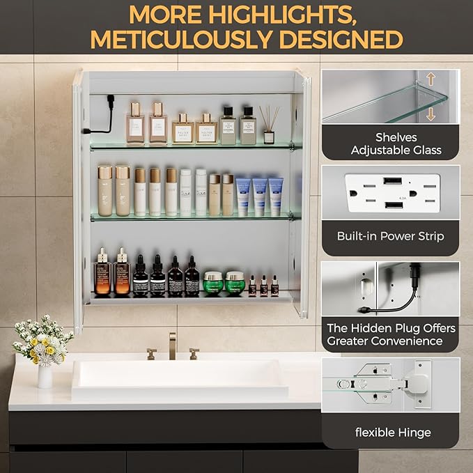 24 * 26 Bathroom Lighted Medicine Cabinet, Professional Makeup Medicine Cabinet Mirror, Large Storage LED Mirror with USBs, Stepless Dimming & Anti-Fog, 3-Color Light