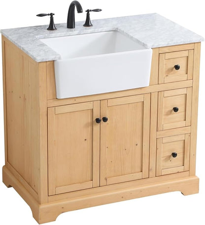 36" Pre-Assembled Bathroom Vanity with Sink, Solid Birch and MDF, Carrara White Marble Countertop Attached, Single Rectangle Porcelain Sink, 3 Soft-Close Drawers, Natural Wood