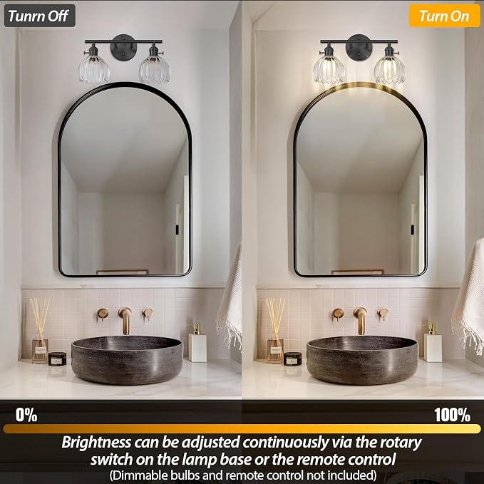 Matte Black 2 Light Bathroom Vanity Light,14.9in Modern Bathroom Lighting Fixtures Over Mirror with Clear Crystal Glass Shade,Vintage Vanity Lights for Bathroom Living Room Bedroom（not include bulbs)