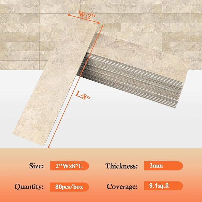 80-Piece Beige Stone Peel and Stick Backsplash Tile, 2"x 8" PVC Subway Tiles, Stick on Backsplash for Kitchen/Bathroom/Fireplace