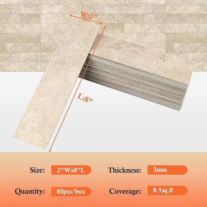80-Piece Beige Stone Peel and Stick Backsplash Tile, 2"x 8" PVC Subway Tiles, Stick on Backsplash for Kitchen/Bathroom/Fireplace