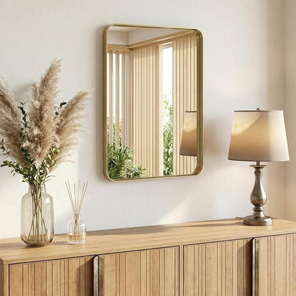 Sweetcrispy Bathroom Wall Mirror, 30x22 Inch Mirror for Over Sink, Gold | Modern Wall Mount Vanity Mirror, Rounded Rectangle with Matte Brush Metal Framed, for Home Decor, Living Room, Bedroom