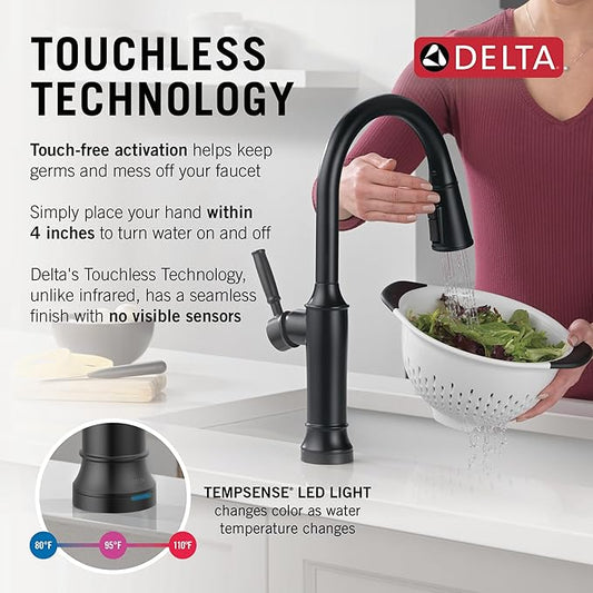 Delta Faucet Renaldi Touchless Kitchen Faucet with Touch Technology, Matte Black Kitchen Sink Faucet, Delta ProClean Kitchen Faucet, Pull Down Kitchen Faucet, Matte Black 9184TL-BL-DST