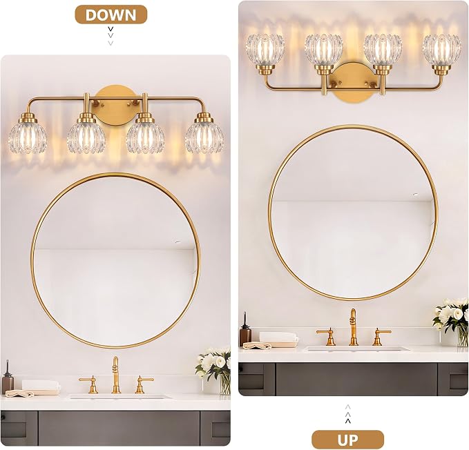 Vintage Bathroom Vanity Light, 4 Light Brushed Gold Fixture Over Mirror | Vintage Vanity Light, Brushed Gold Metal & Crystal Glass Shade, 4 Light Fixture Over Mirror for Bathroom Bedroom