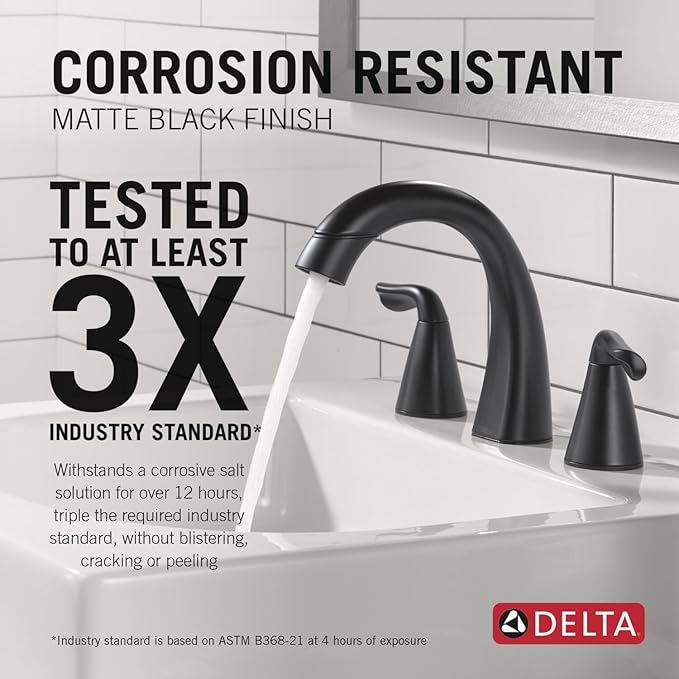 Delta Arvo Matte Black Bathroom Faucet with Sprayer, 8 Inch 3 Hole Widespread Bathroom Sink Faucet with Pull Out Sprayer, Push-Pop Drain, Matte Black 35840LF-BLPD