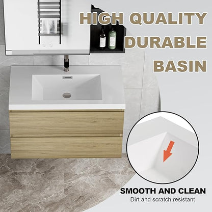 Wall Mounted 36 Inch Bathroom Vanity with Sink, Floating Vanity Bathroom, Single Sink Bathroom Vanity, 2 Drawers, Resin Integrated Sink (Natural Oak)