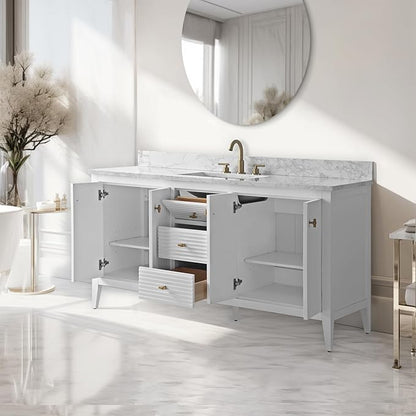 Vanity Art 60 inch Bathroom Vanity with Single Sink & Ceramic Top, Vanity Cabinet with Soft-Closing Door, Solid Wood Frame, Linear Pattern, White, Golden Brushed Handware VA9160-SW-GB