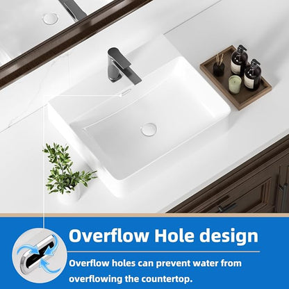 KINGWONG 20 Inch Ceramic Vessel Sink | White Rectangular Bathroom Sink Above Counter or Wall Mounted | Porcelain Vanity Basin with Overflow Hole Easy Clean Glossy Finish for RV Farmhouse Modern Bath