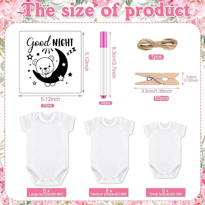 Panitay 126 Pcs Baby Shower DIY Bodysuit Set Bib 25 Blank White Newborn Bodysuit 25 Stencils 24 Marker 1 Sign 50 Pins(Pink Elephant)