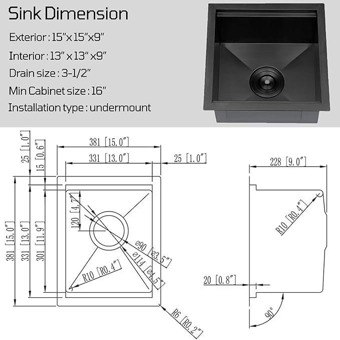KINGO HOME Black Undermount Bar Sink, 15x15 Inch Stainless Steel Small Workstation RV Sinks 16 Gauge Ledge Kitchen Gunmetal Black Single Bowl Kitchen Wet Bar Prep Sink with Accessories