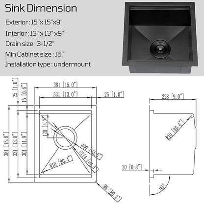 KINGO HOME Black Undermount Bar Sink, 15x15 Inch Stainless Steel Small Workstation RV Sinks 16 Gauge Ledge Kitchen Gunmetal Black Single Bowl Kitchen Wet Bar Prep Sink with Accessories