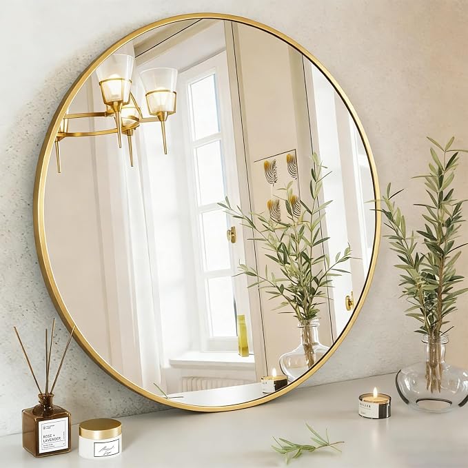 DUMOS 36 Inch Round Wall Mirror, Bathroom Mirror, Gold | Metal Frame, Tempered Glass & Anti Rust Metal Frame, Decor for Bathroom Vanity Bedroom Entryway