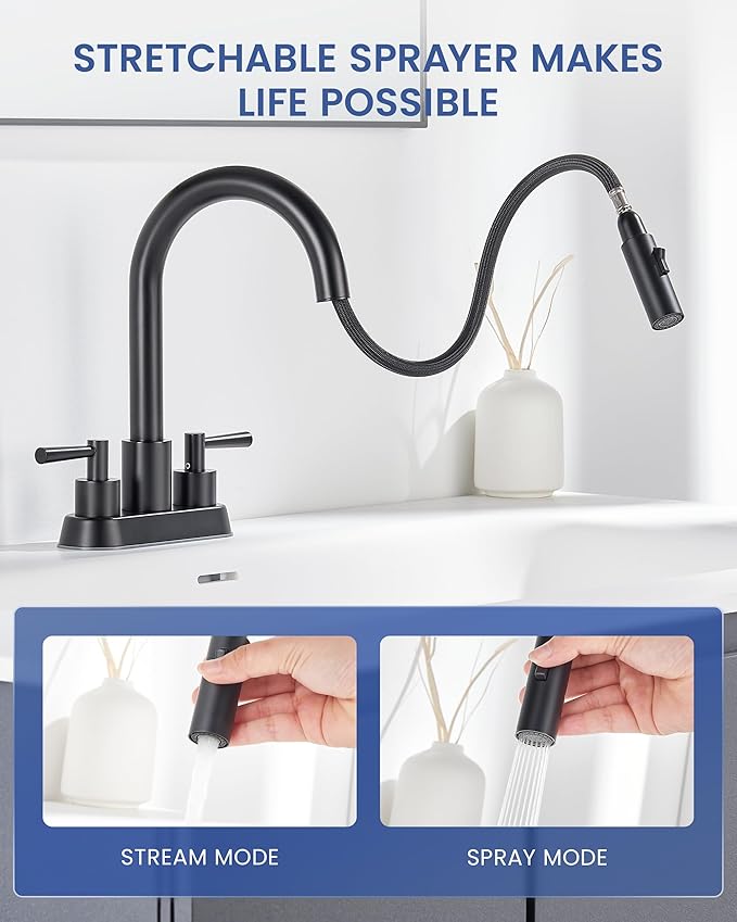 Bathroom Sink Faucet with Pull Out Sprayer 2 Handles, Matte Black Pull Down Bathroom Faucet 3 Holes, 4 Inch Black Faucet Bathroom, 360 Degree Swivel Spout, Pop Up Drain Assembly Included