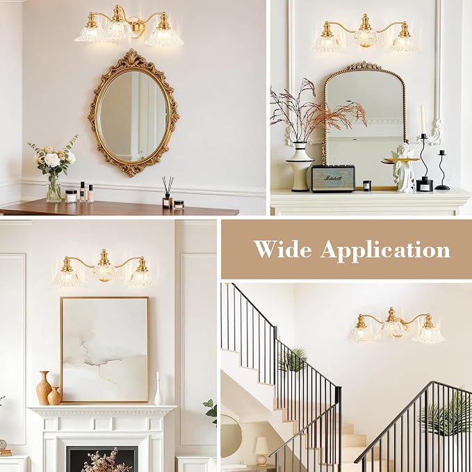 Gold Bathroom Light Fixtures Over Mirror, 3 Light Vintage Bathroom Vanity Light Fixture with Clear Flower Glass Shades, Retro Brass Vanity Lights for Bathroom, Bathroom Vanity Lights Over Mirror