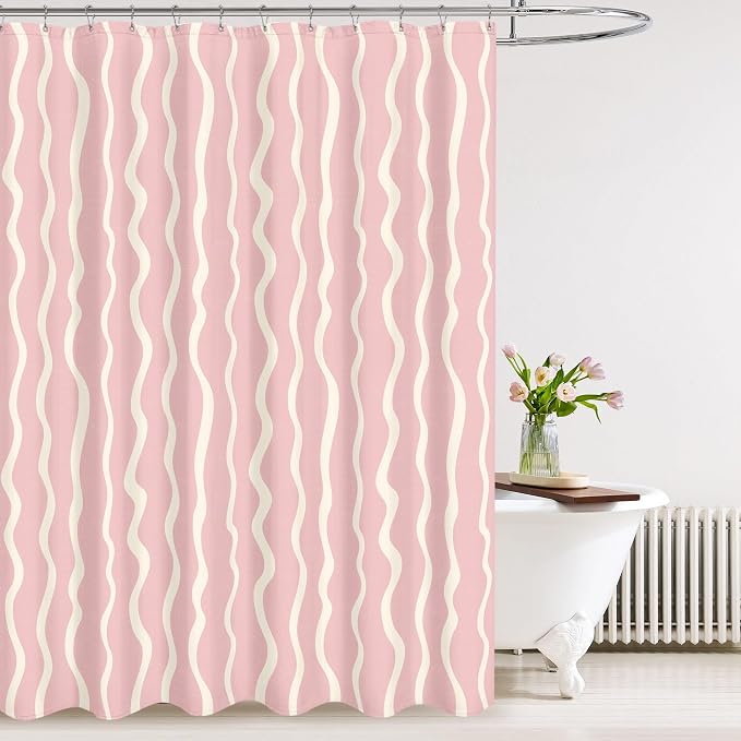 Tititex Cute Curvy Wavy Lines 140gsm Faux Linen Fabric Shower Curtain, Elegant Beige Pink Wave Striped Shower Curtain Sets Decoration 72x72 Inch with Hooks