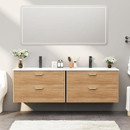 Vabches 24 Inch Bathroom Vanity with Sink, Wood Grain Wall Mounted Vanity with 2 Storage Darwers, Floating Bathroom Vanity with Storage, Bathroom Floating Vanity with Sink, Faucet, Drain, Oak