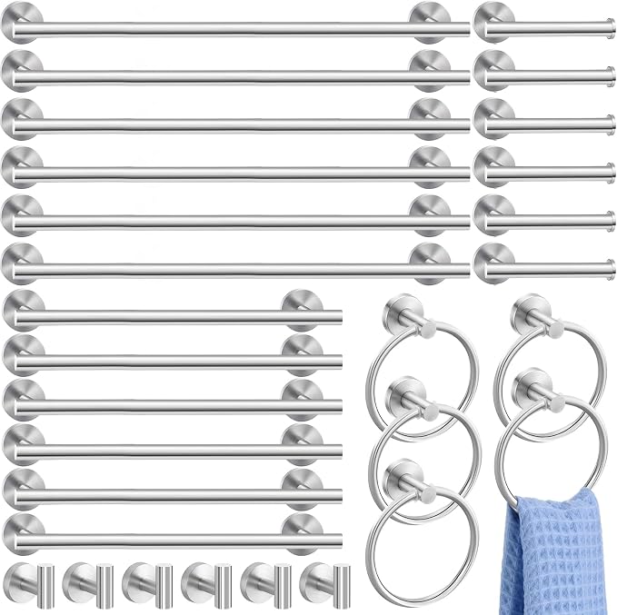 Gisafai 30 Pcs Brushed Nickel Bathroom Accessories Hardware Set Silver Towel Racks for Bathroom SUS304 Stainless Steel 23.6 Inch Brushed Towel Bar Ring Toilet Paper Holder Robe Hooks Wall Mounted