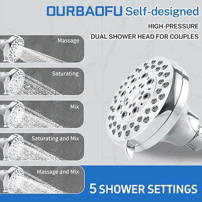 OURBAOFU Tandem Shower, Dual Shower Heads for Couples & Handheld head, Triple Shower Head System for Two People, High Pressure and Adjustable Double Shower Heads and Handheld Shower Head（Silver)