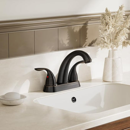 Phiestina 4 Inch 2 or 3 Holes 2 Handles Centerset Lead-Free Bathroom Sink Faucet, Oil Rubbed Bronze Bathroom Faucet with Copper Pop Up Drain and Water Supply Lines, BF008-5-ORB