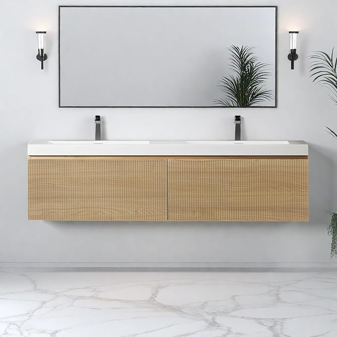 Wall Mounted Bathroom Sink Vanity, Modern 60" Floating Vanity with 2 Resin Top Basins and 2 U-Shaped Soft-Close Storage Drawers, Striped Bathroom Storage Cabinet with Invisible Handle, Wood