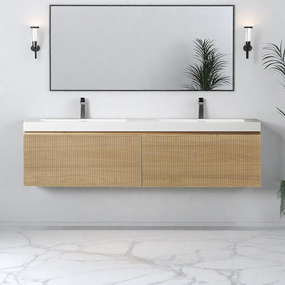 Wall Mounted Bathroom Sink Vanity, Modern 60" Floating Vanity with 2 Resin Top Basins and 2 U-Shaped Soft-Close Storage Drawers, Striped Bathroom Storage Cabinet with Invisible Handle, Wood