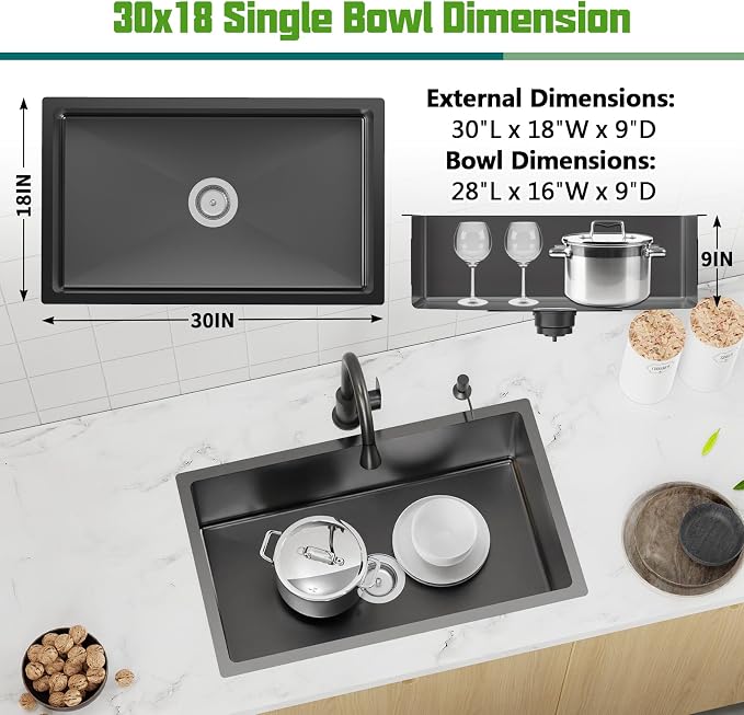 Black Kitchen Sink, 30x18 Inch Stainless Steel Undermount Modern Single Bowl Kitchen Sink Combo-Silicon Mat,Drain Strainer Set Offering Large Basin And Compatibility With Various Kitchen&Bar Style