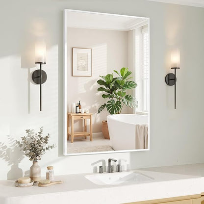 Koonmi White Rectangle Wall Mirror, 24x32 Inch Bathroom Mirror, Aluminum Frame Vanity Mirror for Entryway, Living Room, Bedroom Bathroom, Hangs Horizontally or Vertically