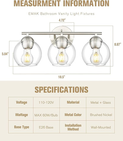 Emak Modern Brushed Nickel Bathroom Light Fixtures, 3-Light Globe Vanity Lights with Clear Glass Shade, VL114-BN-3