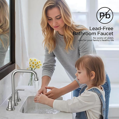 FORIOUS Brushed Nickel Bathroom Faucet 3 Hole with Dual Handles, 8 Inch Widespread Faucet for Bathroom Sink with Pop Up Drain Assembly and Water Suplly Hoses, RV Vantiy Farmhouse Ready