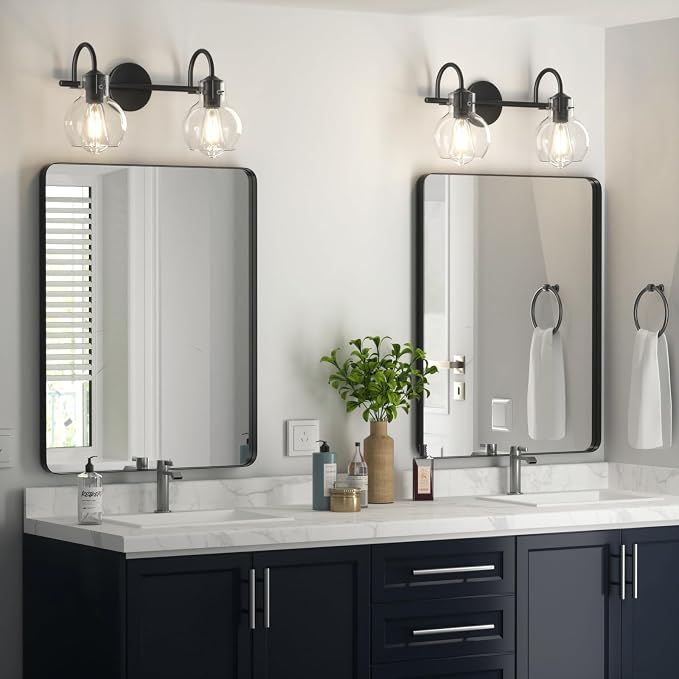 2 Lights Bathroom Vanity Light Fixtures Over Mirror, Matte Black Modern Wall Sconce with Clear Globe Glass Shades, E26 Base, Damp Rated for Bathroom Bedroom Living Room Hallway