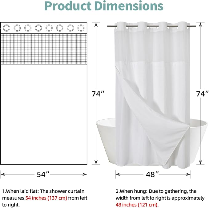 eachope No Hook Waffle Shower Curtain with Snap-in Liner, 54x74 Inch, White | 230GSM waffle weave fabric, waterproof liner set with 2 bottom magnets, mesh window, washable, for shower stalls or bathrooms