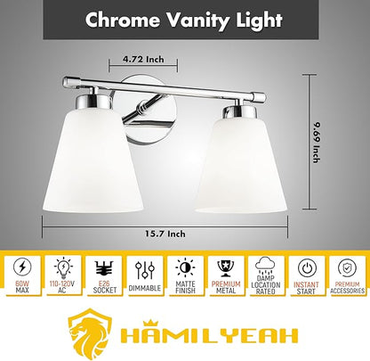 Hamilyeah Modern Chrome Bathroom Vanity Light Fixture Over Mirror, 2 Light Vanity Lighting Fixture with Frosted Glass Shade, Silver Wall Sconce Lighting for Bath, Bedroom, Kitchen, Hallway