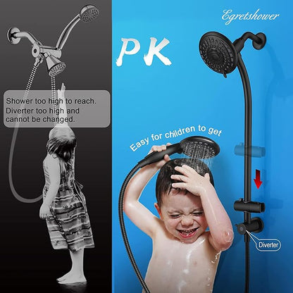 Handheld Showerhead & Rain Shower Combo for Easy Reach, 27.5" Drill-free Stainless Steel Slide Bar, 5”of 5-setting Handheld Shower and Showerhead, with 5ft Hose - Black