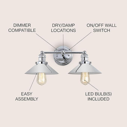 JONATHAN Y 17.5" Chrome 2-Light Industrial Farmhouse Metal Vanity Light Wall Sconce, Metal Shade for Bathroom Mirror, Kitchen, Entryway, LED Bulb Included (JYL7424A)