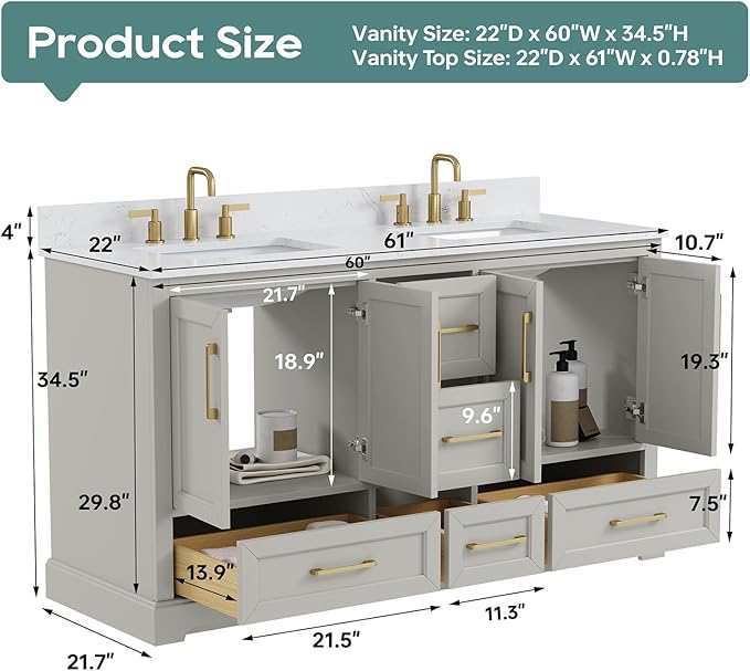 60 Inch Bathroom Vanity with Double Sink Combo, Solid Wood Frame with Mable Top &Backspalsh, Fully-Assembled with Soft-Closing Doors & 5 Drawers, Greige