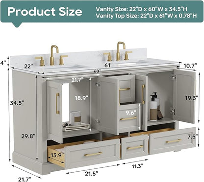 60 Inch Bathroom Vanity with Double Sink Combo, Solid Wood Frame with Mable Top &Backspalsh, Fully-Assembled with Soft-Closing Doors & 5 Drawers, Greige