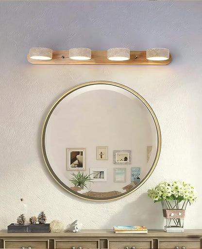 Natural Wood Vanity Light, 27.6 Inches Wabi Sabi Travertine Wall Sconce with 360° Rotatable Natural Stone Lampshade and Wooden Base Nordic Style Farmhouse Vanity Lights for Bathroom (4 Lights)