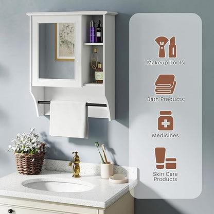 ALIMORDEN Medicine Cabinet, Bathroom Wall Cabinet with Towel Bar, Adjustable Shelves, Wall Mounted Bathroom Mirror, 19.68" D x 7.7" W x 24.2" H, White