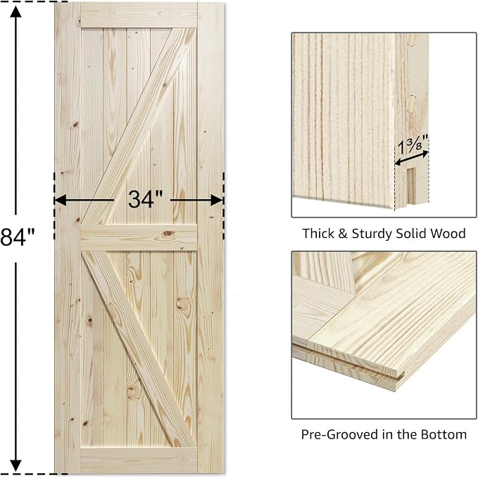 SmartStandard 34in x 84in Sliding Barn Wood Door Pre-Drilled Ready to Assemble, DIY Unfinished Solid Spruce Wood Panelled Slab, Interior Single Door Only, Natural, K-Frame (Fit 6FT Rail) | Pre-Drilled Ready to Assemble, DIY Unfinished Solid Spruce Wood...