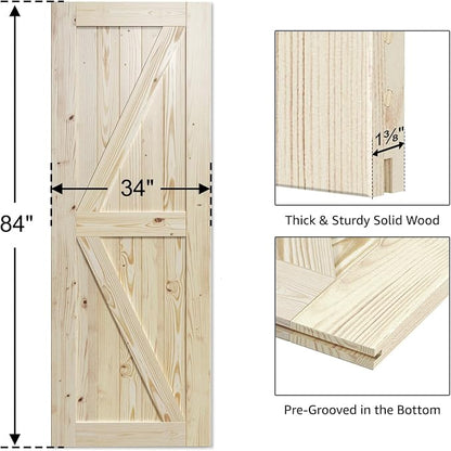 SmartStandard 34in x 84in Sliding Barn Wood Door Pre-Drilled Ready to Assemble, DIY Unfinished Solid Spruce Wood Panelled Slab, Interior Single Door Only, Natural, K-Frame (Fit 6FT Rail) | Pre-Drilled Ready to Assemble, DIY Unfinished Solid Spruce Wood...