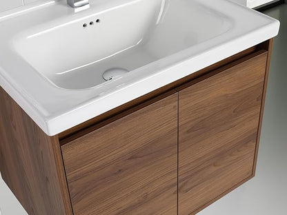 Blossom 24 Inch Wall Mounted Bathroom Vanity with Sink | Floating Wood Vanity Cabinet | Modern Soft-Close Doors & Storage | Ceramic Basin | Space-Saving Design (Brown Walnut, 24'' Ceramic Sink)