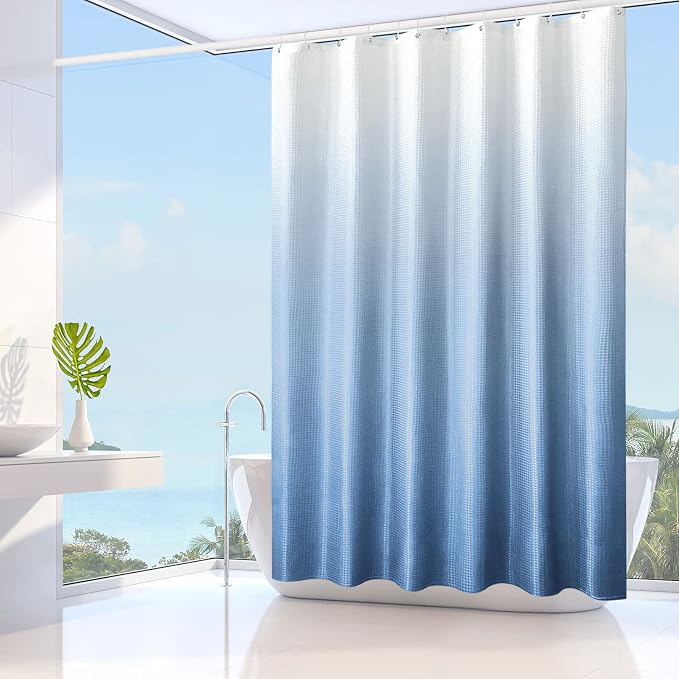 Extra Long Blue Ombre Fabric Shower Curtain, 72 x 84 | Tall Blue Ombre Shower Curtain for Bathroom, Fabric Shower Curtain Set , Water Repellent, Machine Washable